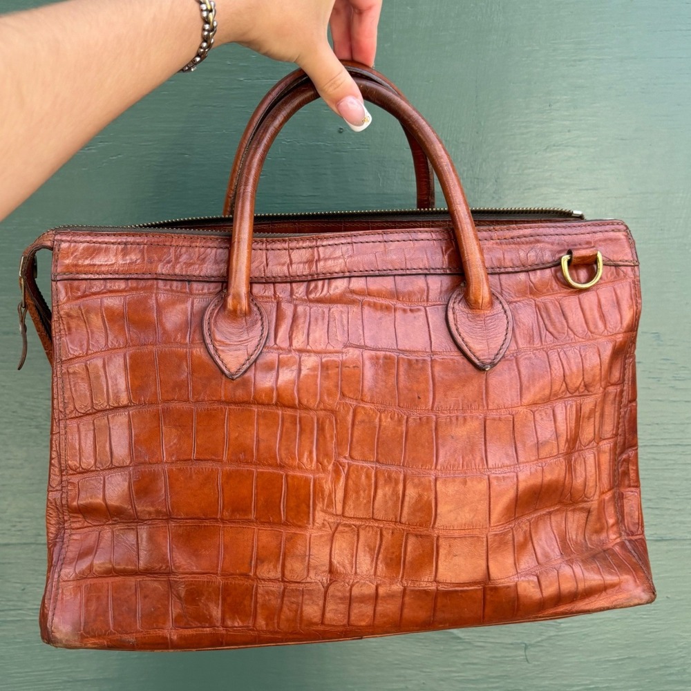 Vintage 70/80s Brown Just Campagne French Croc Embossed Leather Doctor Tote Bag